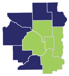 partial map of Minnesota counties with Anoka, Hennepin, Ramsey, Washington, and Dakota counties highlighted
