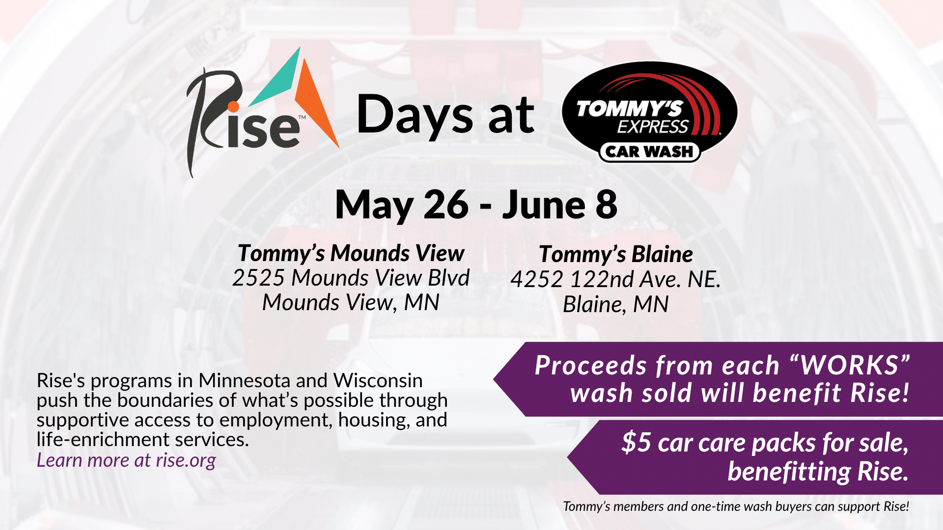 Rise Fundraising Days at Tommy's Express Car Wash (Mounds View and Blaine) web or email banner