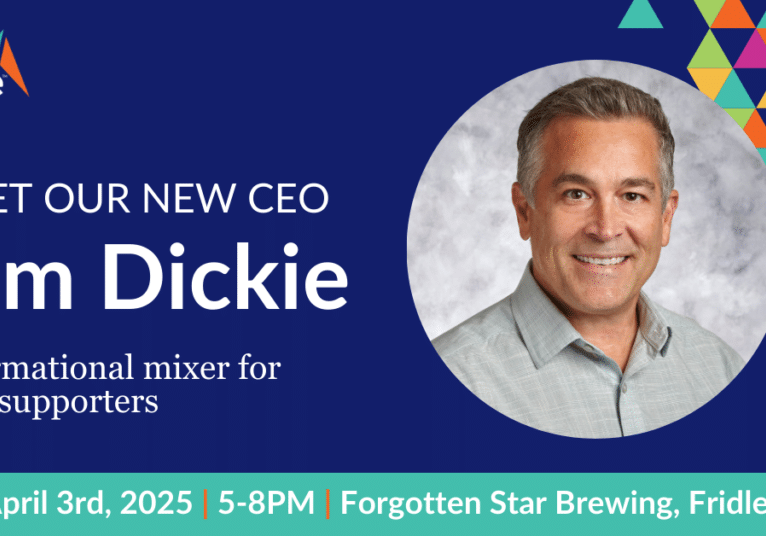 Navy blue background with a photo of Tim Dickie, and white text reading "Meet our new CEO Tim Dickie. Informational mixer for Rise supporters. April 3rd, 2025. 5-8 PM. Forgotten Star Brewing."